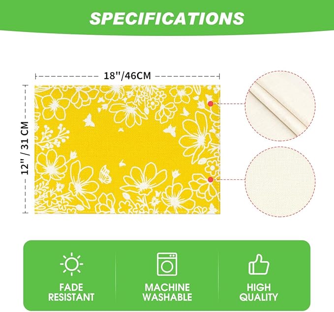 Artoid Mode Yellow Bloom Flowers Floral Spring Placemats Set of 4, 12x18 Inch Seasonal Summer Table Mats for Party Kitchen Dining Decoration