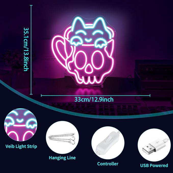Neon Sign, HSJNJKFU Cat Coffee Cup Neon Signs for Wall Decor LED Sign for Room Cafe Home Party Birthday Bar Beer Signs - USB Powered.