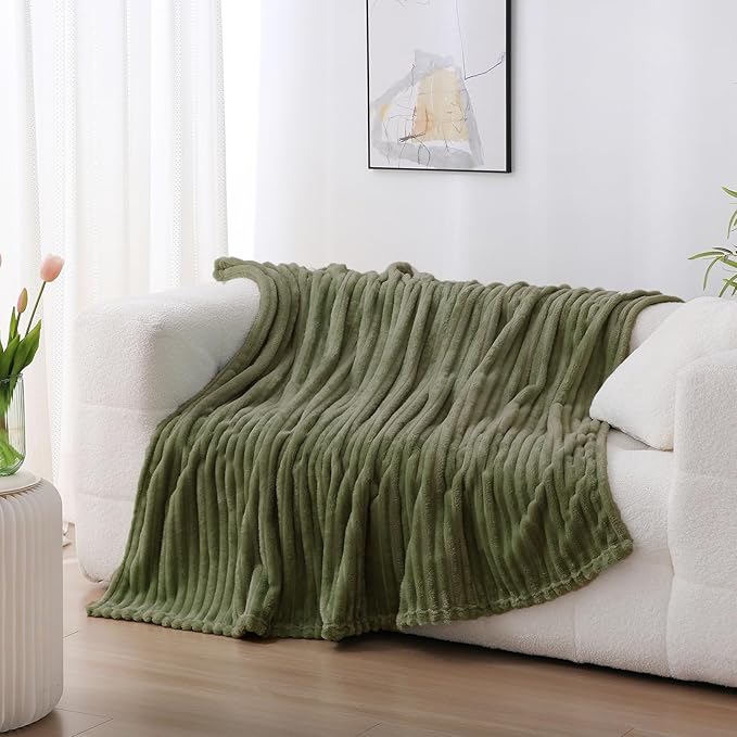 Olive Green Fleece Throw Blanket 50”×60” for Couch Sofa Bed,Super Soft Cozy Plush Microfiber Flannel Blanket with Stripes Design Lightweight for Adults,Woman,Girls