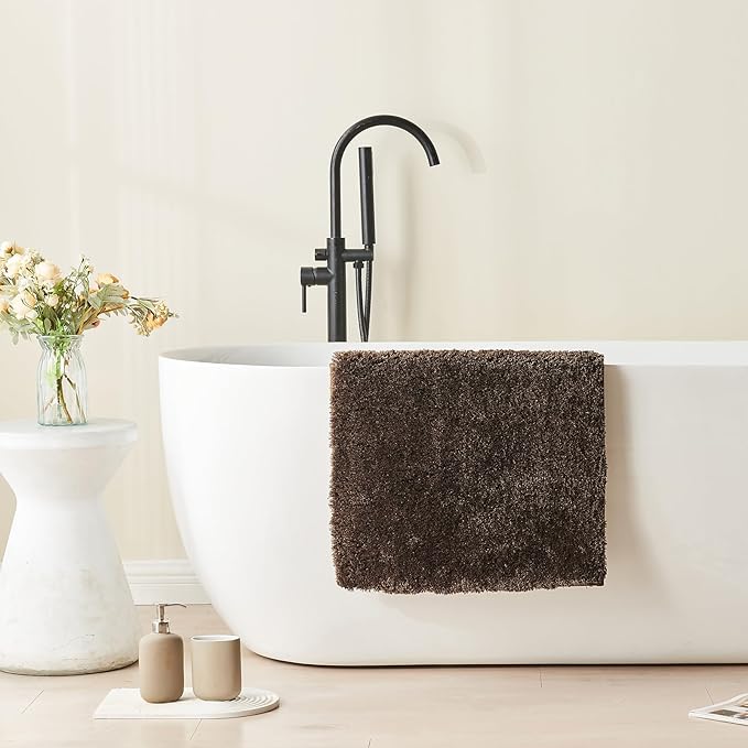 CozeCube Upgraded Shaggy Bath mat for Bathroom Non Slip 20" X 32", Super Soft Quick Dry Bath Rugs, Fluffy Plush Bathroom Rugs Machine Washable, Dark Brown