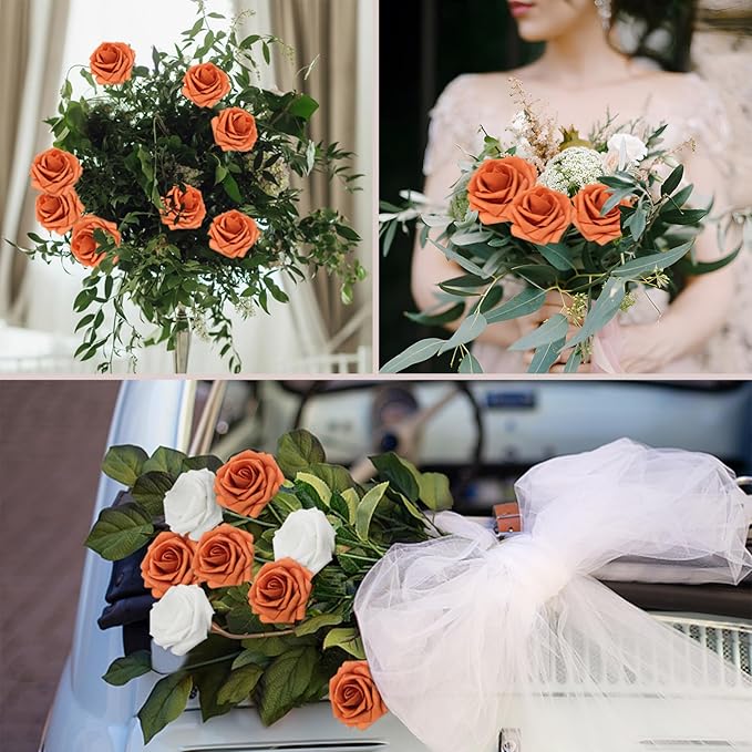 200PCS Artificial Flowers Burnt Orange Roses Real Looking Foam Fake Roses with Leaves and for DIY Wedding Bouquets Bridal Shower Centerpieces Party Decorations (Burnt Orange, 200)