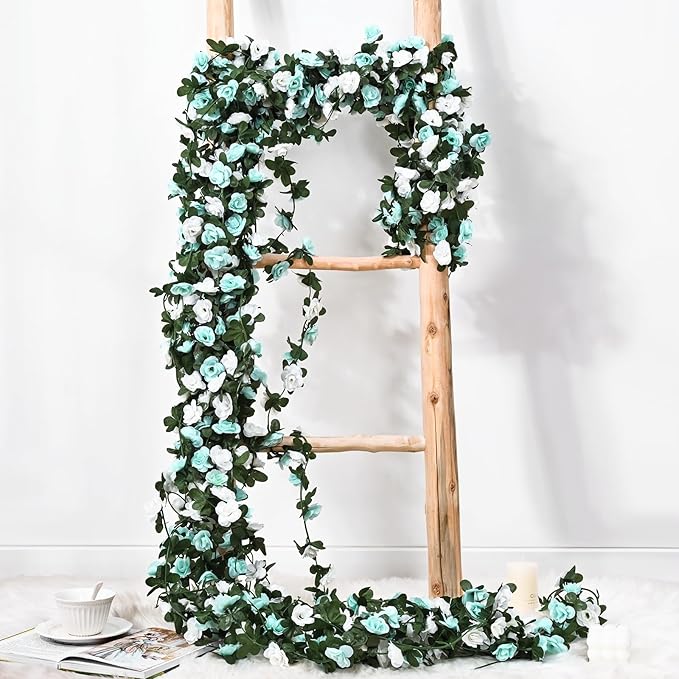 BLEUM CADE 2Pcs 16.4Ft Flower Garland Artificial Rose Vines for Bedroom, Cute Fake Hanging Flower Vines Floral Garland Decorations for Wedding Party Wall Room Decor Aesthetic