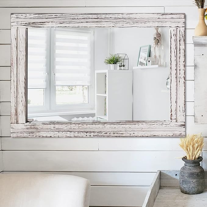 AAZZKANG Large Wall Mirrors 26"x18" Rustic Wood Mirror Rectangle Decorative for Farmhouse Bedroom Bathroom Living Room Dressing Room Home Entryway