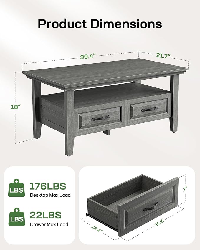 Marsail Farmhouse Coffee Table with Storage, 39.4" Wood Coffee Table for Living Room, Rustic Center Table with 2 Drawers, Open Display Area, Grey