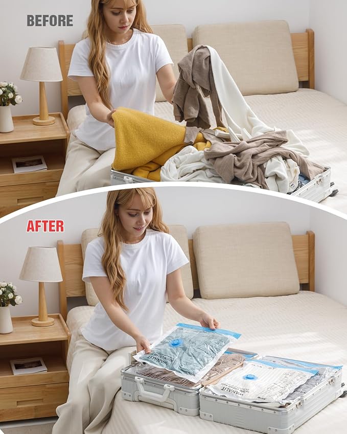 Travel Vacuum Storage Bags with Hand Pump, 16 Pack (4L+4M+4S+4XS) Vacuum Seal Bag Travel Essentials Space Saving Bags for Clothes, Luggage, Carry-on Suitcase, Backpack, Holiday Business Trip