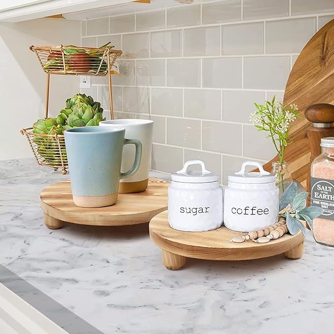 Wood Riser for Decor, 2 Pack Wood Pedestal Stand for Display, Round Wooden Tray for Kitchen Counter, Wooden Pedestal Stand for Plant Pot Indoor