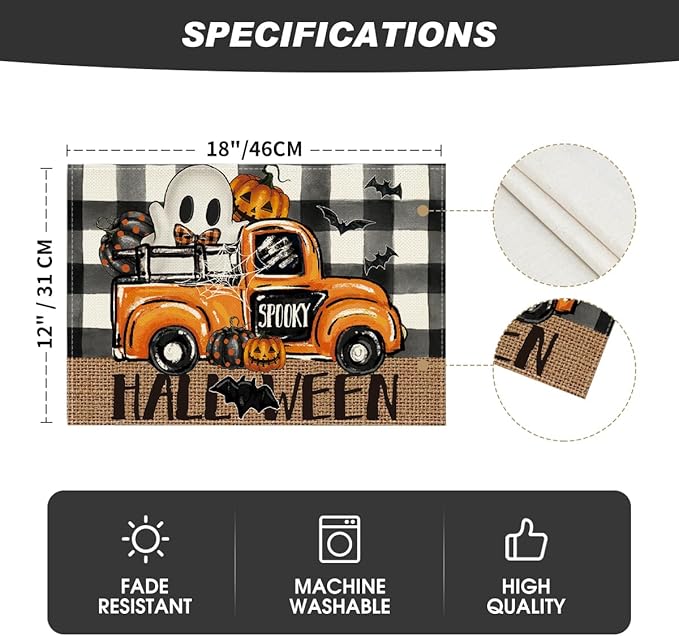 Artoid Mode Buffalo Plaid Bat Ghost Truck Spooky Halloween Placemats Set of 4, 12x18 Inch Seasonal Table Mats for Party Kitchen Dining Decoration