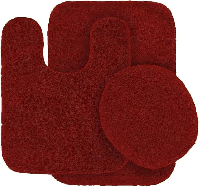 Fancy Linen 3pc Solid Non-Slip Bath Mat Set Bathroom U-Shaped Contour Rug, Mat and Toilet Lid Cover New # 6 (Red)