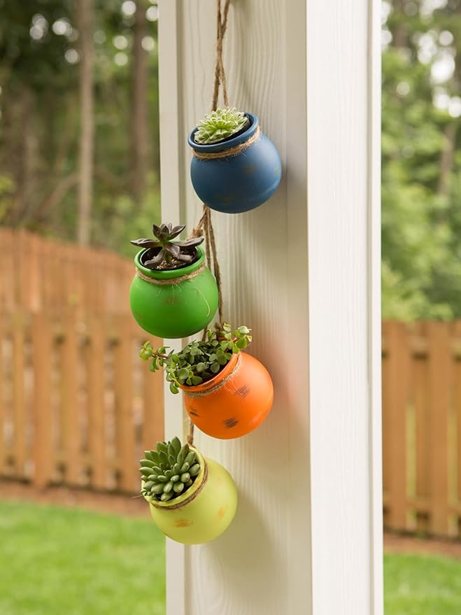 Zingz & Thingz Color Terracotta Planter Collection 4-Piece Dangling Hanging Mini Pots, 3.75x3.75x23, Fiesta Bright Colors