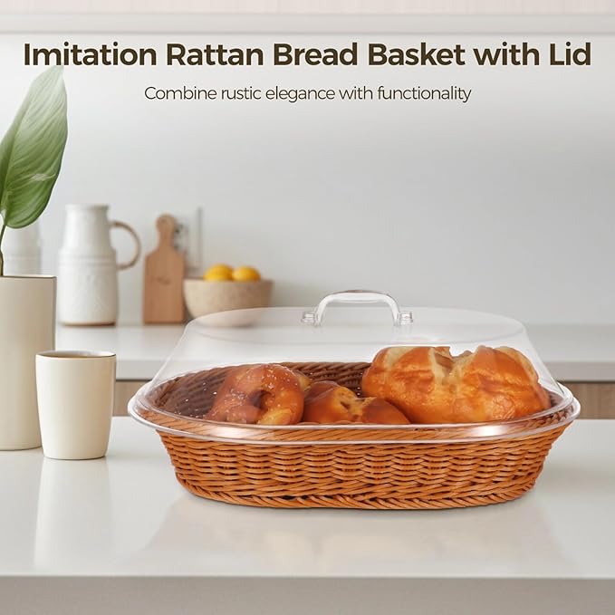 2 PCS Bread Fruit Baskets with Lid - 14 x 10 Inch Wicker Bread Basket with Acrylic Lid, Woven Bread Basket Fruit Tray with Clear Cover, Rattan Food Serving Tray for Home Picnics Bakery Storage