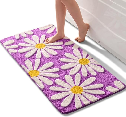 QJHOMO Purple Bathroom Rugs Cute Daisy Bath Mat White and Yellow Flower Decor Rug Non Slip Floor Carpet Microfiber Bathmat Super Absorbent Machine Washable Bathtub Mats for Shower (24x48 inch)
