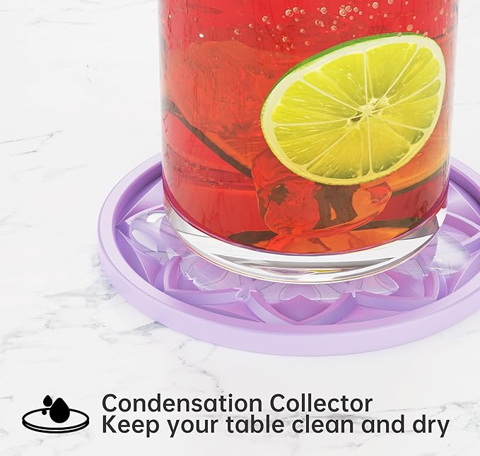 HFHOME Silicone Coasters Set for Drinks - 6 Pack With Holder, Table Cup Mat for Coffee Table, Desk, Bar - Tabletop Protection Gift - Light Purple