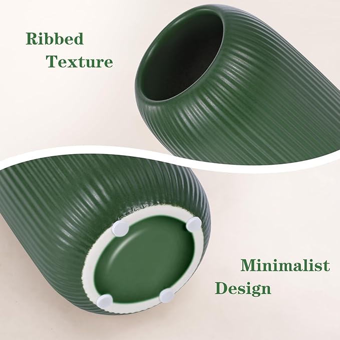 Green Ceramic Vase for Flowers, 8 INCH Modern Small Ribbed Textured Green Flower Vase for Home Decor, Pampas Grass, Decorative, Farmhouse, Coffee Table, Bookshelf and Home Living
