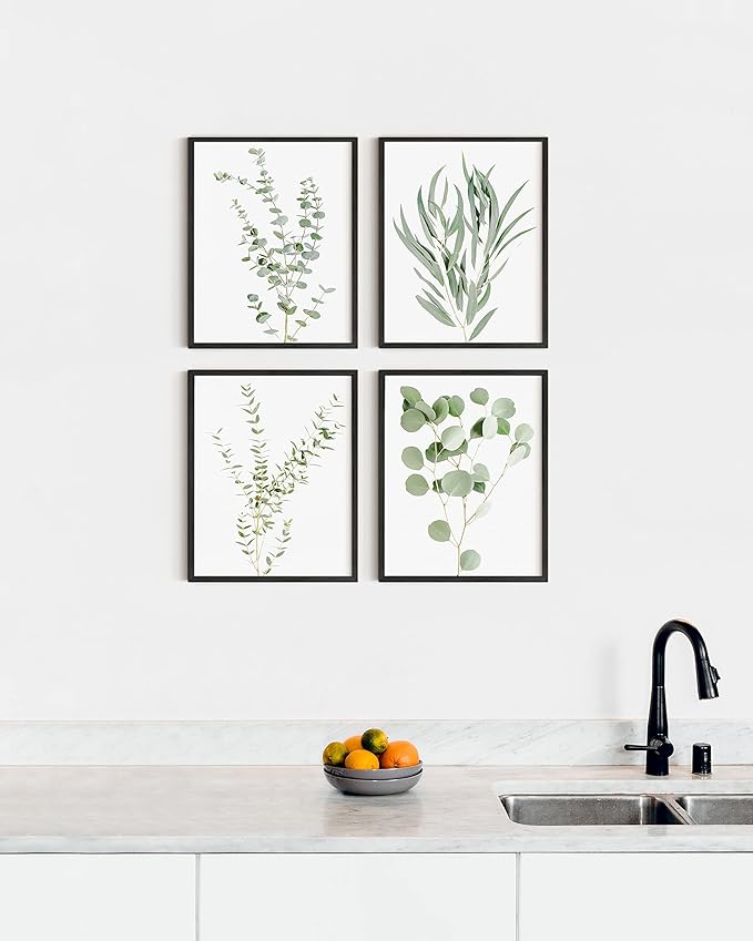 HAUS AND HUES Botanical Plant Wall Art Prints - Set of 4 Plant Wall Decor Prints Floral Kitchen Flower Leaves Wall Art Boho Leaf Eucalyptus Wall Decor Green Botanical Poster Set (11x14, Black Framed)