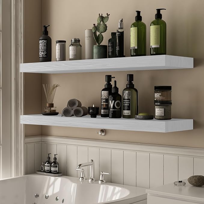 Floating Shelves for Wall - 36 x 9 Inch Wood Shelves for Bathroom, Bedroom, Kitchen Decor, Farmhouse Decor Set of 2, White