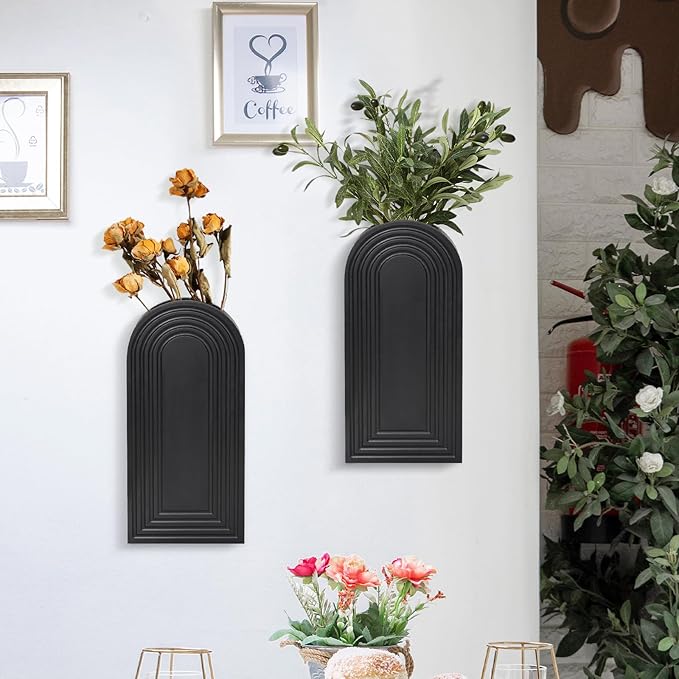 Wall Planter for Indoor Plants, Black Wall Decor for Living Room, Bathroom, Wood Wall Vases for Decor Dried Flowers and Faux Greenery, Set of 2 Modern Farmhouse Decor Hanging Planter