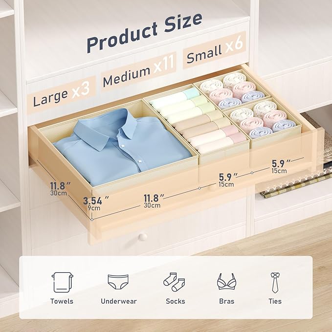 DIMJ Drawer Organizer Clothes 24 Pack - Foldable Baby Organizers and Storage & Dresser Organizer for Bedroom, Closet - Nursery Organization Dresser Dividers for underwear, Sock,Bra, Belt, Tie, Beige
