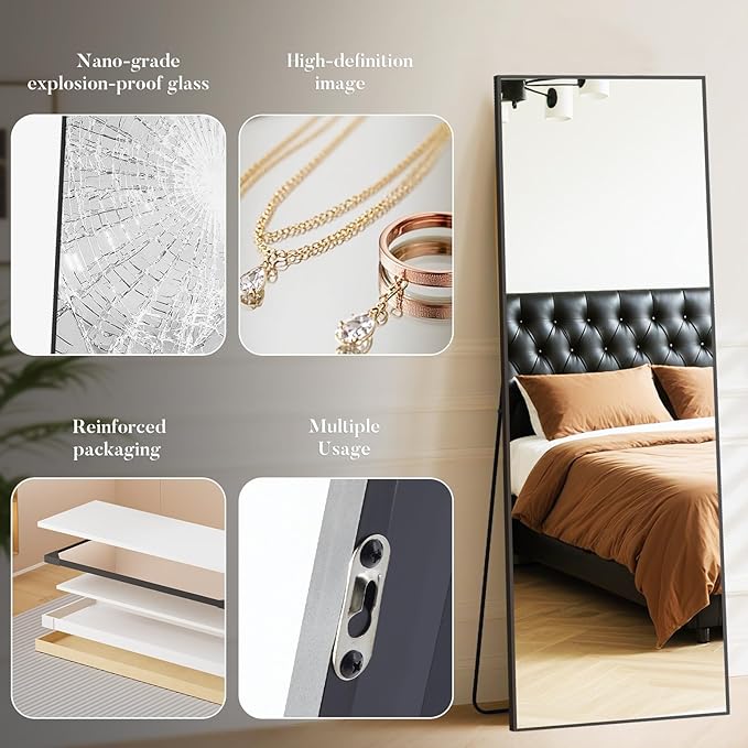 DUMOS Wall-Mounted Full Length Mirror 21"x 64" for Bedroom, Full Body Floor Mirror with Stand, Hanging or Leaning for Wall, Black