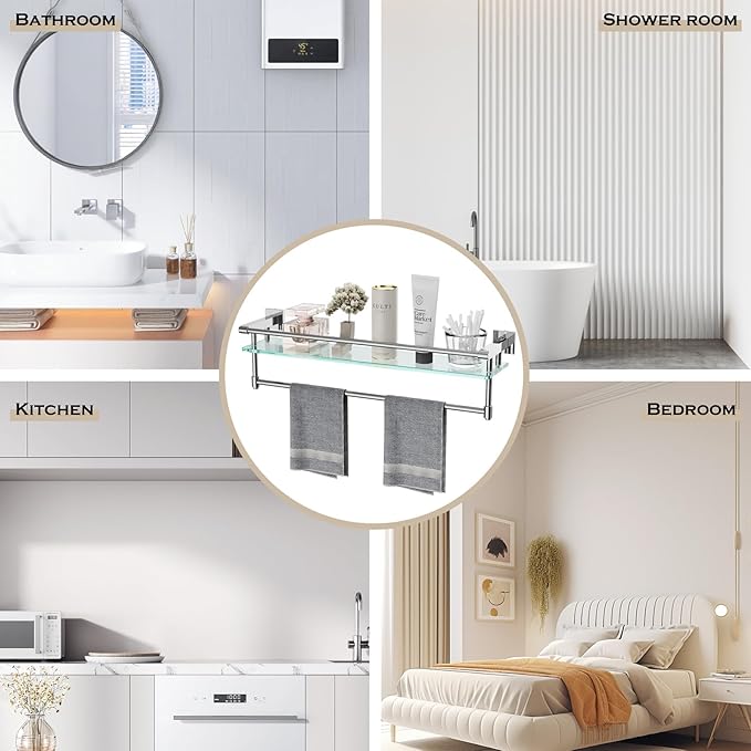 20" Glass Shelves for Wall with Towel Bar/Track SUS 304 Stainless Steel Shelf Tempered Glass Shelf, for Toilet, Room Decor(Chrome Polished, 24-inch)