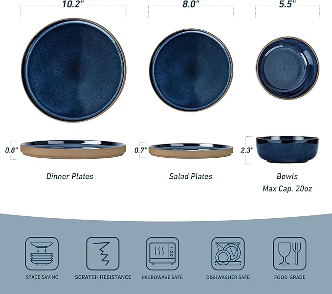 Famiware Nature Plates and Bowls Set, 24 Pieces Dinnerware Sets, Dishware Sets, Dishes Set for 8, Microwave and Dishwasher Safe, Midnight Blue