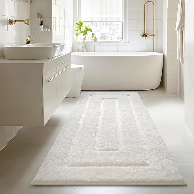 HOMORE Bathroom Runner Rugs 24x70 Non Slip Washable Long White Bathroom Rug Absorbent Plush Bath Rug for Shower Floor,Ivory