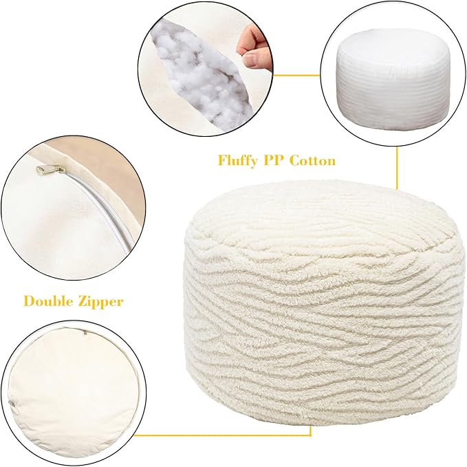 Asuprui Pouf Ottoman Stuffed Modern Foam Ottoman Foot Rest 20x20x12 Inches Floor Pouf Round Pouf Seat Floor Bean Bag Chair Foldable Floor Chair Storage for Living Room Bedroom Ivory Pouf with Filler