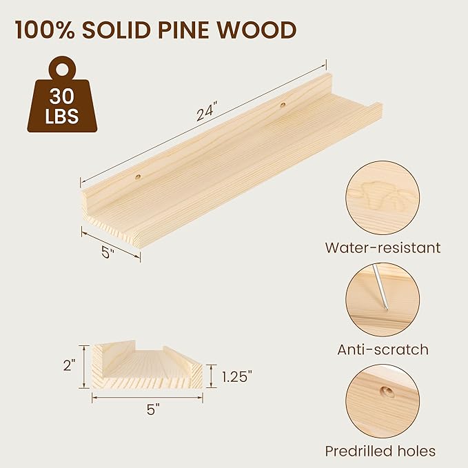 Picture Ledge Shelf, Solid Pine Wood Rustic Floating Shelves for Wall, 24 Inch Floating Shelves with Lip for Bedroom Kitchen Living Room Nursery Display Wall Decor, Set of 2 (Natural)