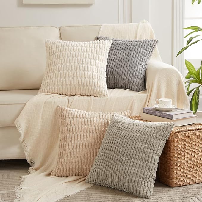 Fancy Homi 4 Packs Neutral Decorative Throw Pillow Covers 22x22 Inch for Living Room Couch Bed Sofa, Rustic Farmhouse Boho Home Decor, Soft Plush Striped Corduroy Square Cushion Case 55x55 cm