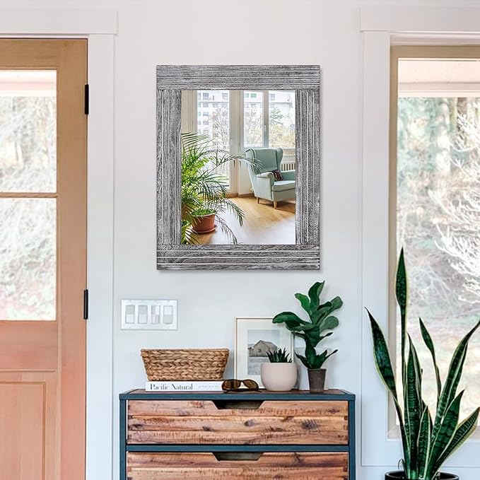 Rustic Wall Mirror Farmhouse, with Frame Wood Wall Mirror Rectangle Antique Decor Hanging Mirror for Bathroom Living Room Bedroom Entryway Large 20"x16"