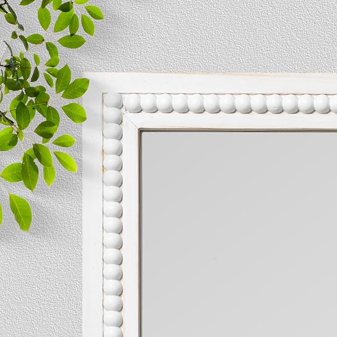 White Wood Beaded Frame Wall Mount Mirror, 12 x 16 Inches Modern Farmhouse Real Glass Horizontal/Vertical Hanging Mirror for Bathroom, Living Room, Entryway