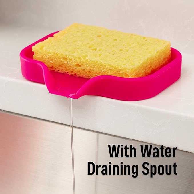 Zulay Small Silicone Sponge Holder (4.9x3.3”) – Space-Saving Sink Organizer Tray for Sponge, Soap, Brush & More – Compact Non-Slip Dish for Kitchen & Bathroom (Dragon Fruit)