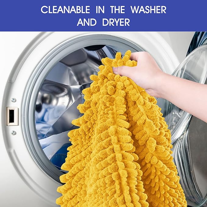 ACCUMTEK Striped Yellow Bathroom Rug Set 3 Pieces Ultra Soft, Non Slip Chenille Toilet Mat, Absorbent Plush Shaggy Bath Mats for Bathroom, Bedroom, Kitchen