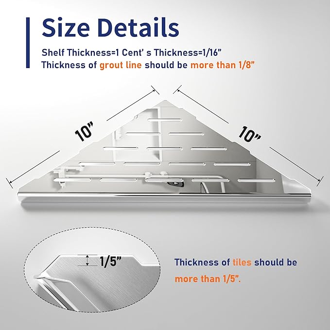 Corner Shower Shelf 10" Polished 304 Stainless Steel Recessed Corner Shelves with Slot Design Bathroom Shelf Racks for Tiled Wall, 2 Pack