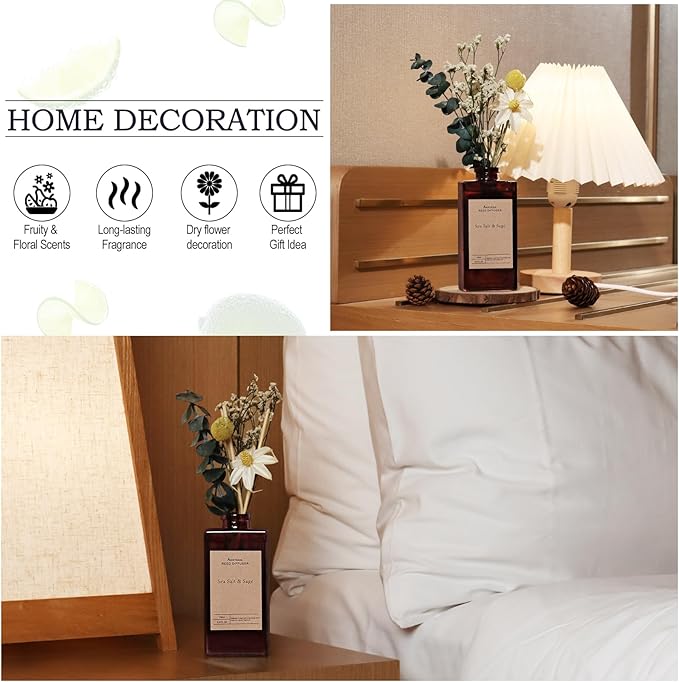 Reed Diffuser Set - Sea Salt & Sage Essential Oil, 5.07oz/150ml Seaweed Aroma Oils Scents with Dry Flower Decoration, Fragrance for Home Large Room Bathroom Office Shelf Decor