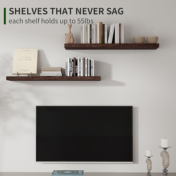 Marsmiles Wood Floating Shelves for Wall Set of 2, 36 Inch Wide Rustic Wooden Floating Shelves, Invisible Wall Mounted Display for Living Room Bedroom Kitchen Bathroom Office, Rustic Brown