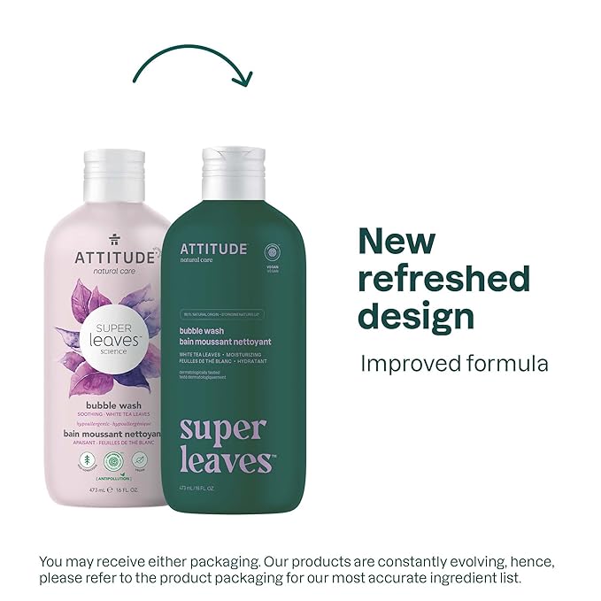 ATTITUDE Bubble Bath, EWG Verified, Plant and Mineral-Based, Dermatologically Tested, Vegan Body Care Products, White Tea Leaves, 16 Fl Oz (Pack of 2)