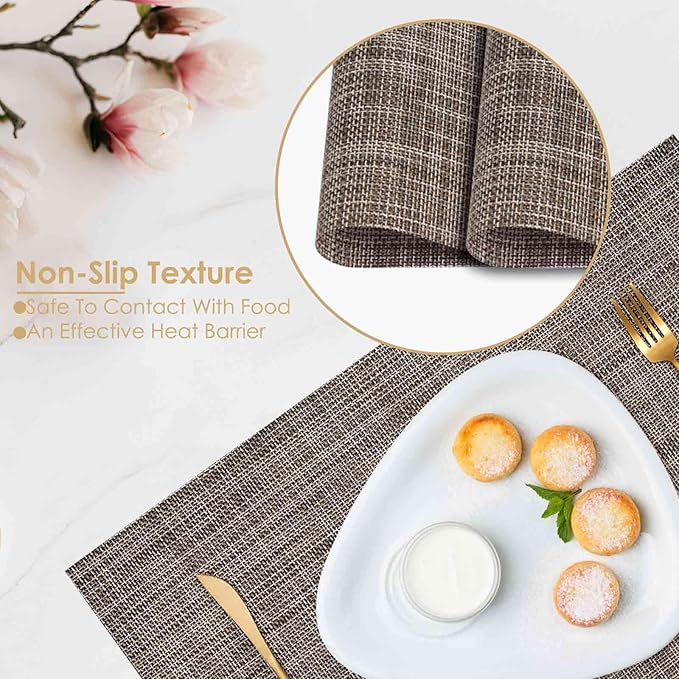 GIVERARE Placemats Set of 4, Heat-Resistant Woven Vinyl Placemat 12x18in, Non-Slip Washable PVC Table Mat, Easy to Clean Premium Plastic Mats for Dining, Kitchen Table (Caramel)