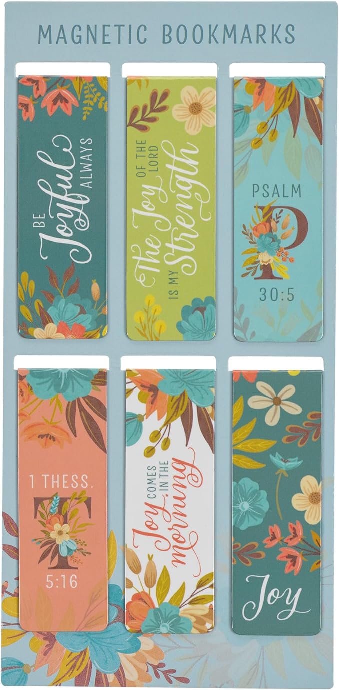 Christian Art Gifts Colorful Inspirational Magnetic Scripture Bookmark Pagemarker Set for Women: Joy of the Lord Encouraging Bible Verses, Pink, Teal, Green Floral Theme for Books, Bibles, 6 Piece Set