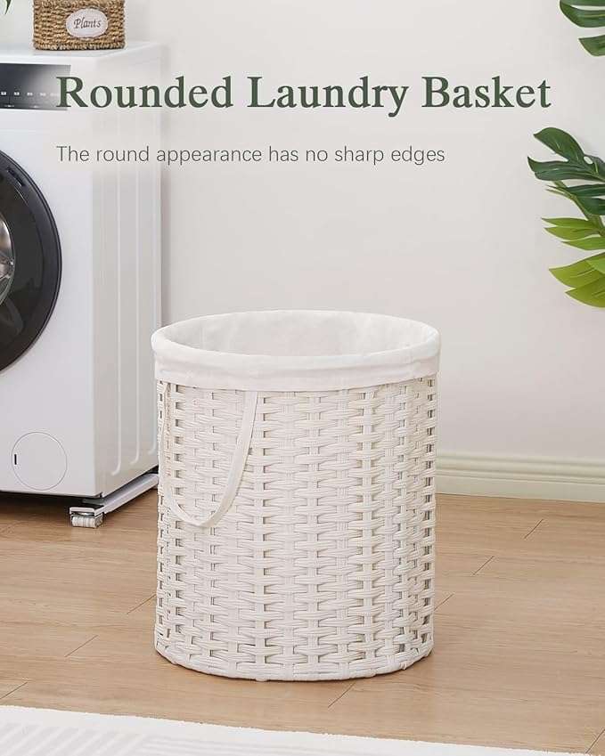 Laundry Hamper Round 26.5 Gal (100L) Handwoven Rattan Laundry Basket, Large Wicker Laundry Hamper with Removable Laundry Bag Handles 2 Mesh Bags for Bathroom Living Room White