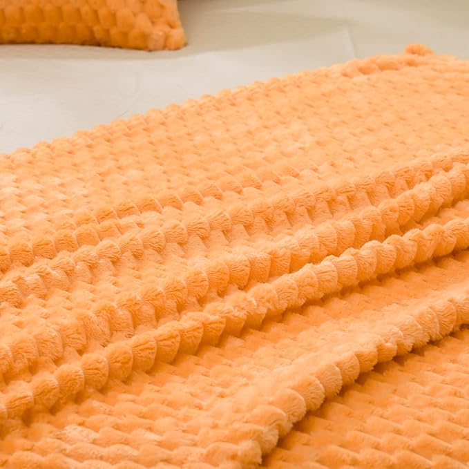Vessia Flannel Fleece Twin Blanket(60x80 inch), 3D Jacquard Light Orange Fuzzy and Warm Blanket for Couch,Sofa,Chair, 300GSM Super Soft Touch Cozy Lightweight Bed Home Decor for All-Season