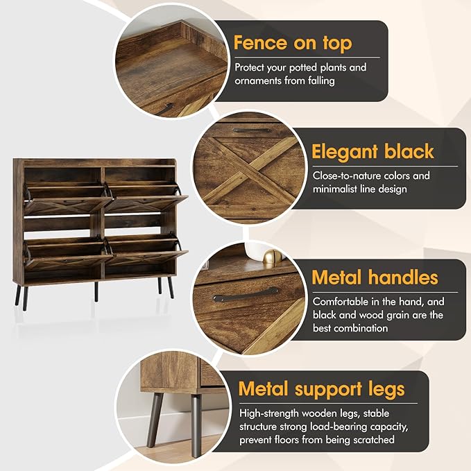 Maupvit Large Shoe Storage Cabinet with 4 Flip Drawers, Narrow Shoe Cabinet for Entryway with Wooden Legs, Freestanding Hidden Shoe Rack Organizer & Metal Hinges, Rustic Brown