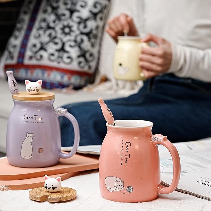 SHENDONG 2 Pack Cat Mugs Cute Ceramic Coffee Cups Set of 2 with Kawaii Bamboo Lid and Spoon Novelty Morning Cup Coffee Milk Tea Mugs - 3d Animal Cat Mugs for Cat Lovers Women Gifts(Blue and Yellow)