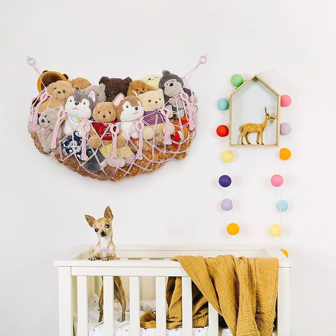 Stuffed Animal Soarage Hammock Macrame Toy Display Plush Toy Holder Ceiling Hanging Net for Stuffed Animal Storage -Light Pink, Small