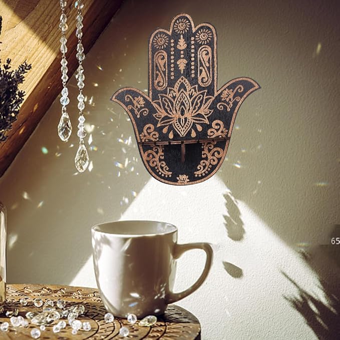 CREATCABIN Hamsa Crystal Display Shelf Hamsa Hand Wooden Wall Decor Crystal Holder Shelves Lotus Wall Mounted Floating Shelf Stand for Witch Stuff Altar Supplies Spiritual Gift Black 9.8 x 11.8Inch