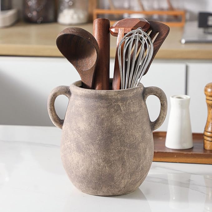 Ceramic Flower Vase Home Decor - 7.1 Inch Retro Table Flowers Vases Living Room Bedroom Plant Decorations Modern Farmhouse Vintage for Kitchen Shelf Office Coffee Dining Desk House Women