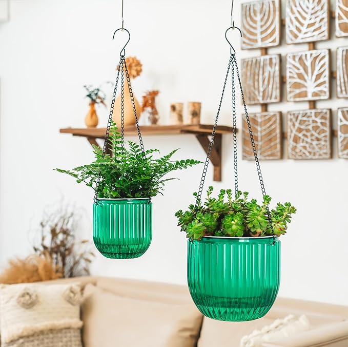 Melphoe 2 Pack Self Watering Hanging Planters Indoor Flower Pots, 5.3/8.3 Inch Outdoor Hanging Basket, Plant Hanger with 3Hooks Drainage Holes for Garden Home (Emerald)