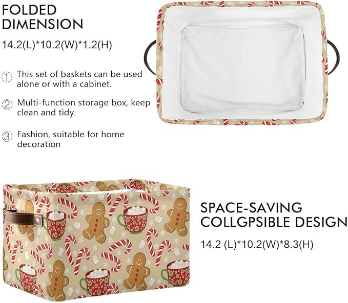 Christmas Gingerbread Man Storage Basket Fabric Kitchen Baskets Xmas Candy Cane Winter Snowflake Open Home Storage Bins Boxes Foldable Organizer Bag for Gift Book Shelf Closet Baskets 16×12×8 Inches