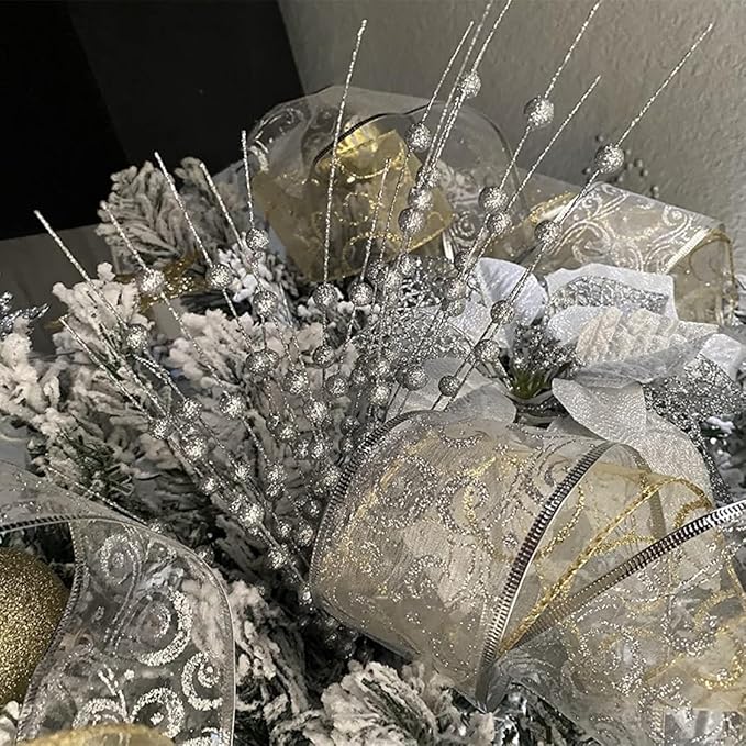 Artificial Berries Stems Ornaments 17 Inch, Sparkling Christmas Tree Picks, Glittery Berry Stems Fake Plant Picks and Branches for Xmas Wreath Ornaments Holiday Home DIY Decor - Silver 10 Pack