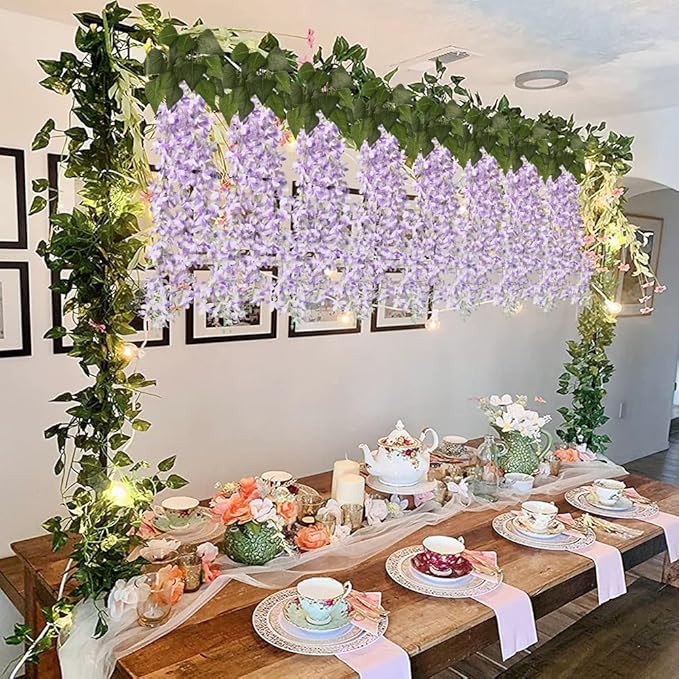 RECUTMS Artificial Lilac Flowers Garland 33.5in Faux Hanging Wisteria Vines 6Pcs Fake Silk Lilac Floral Decoration for Home Garden Wedding Arch Birthday Party Indoor Outdoor (Purple)