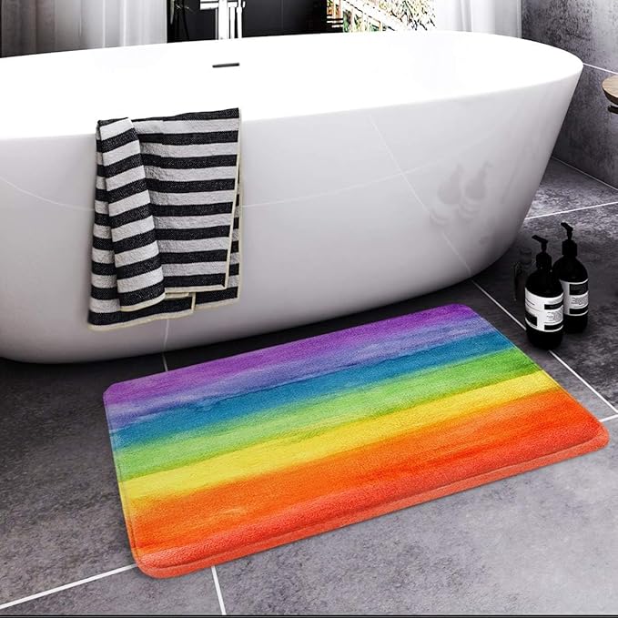 Britimes Bath Mat for Bathroom, Colorful Stripe Rainbow Washable Cover Floor Rug Carpets Floor Mat Bathroom Decorations 20x32 Inches for Kitchen Bedroom Indoor
